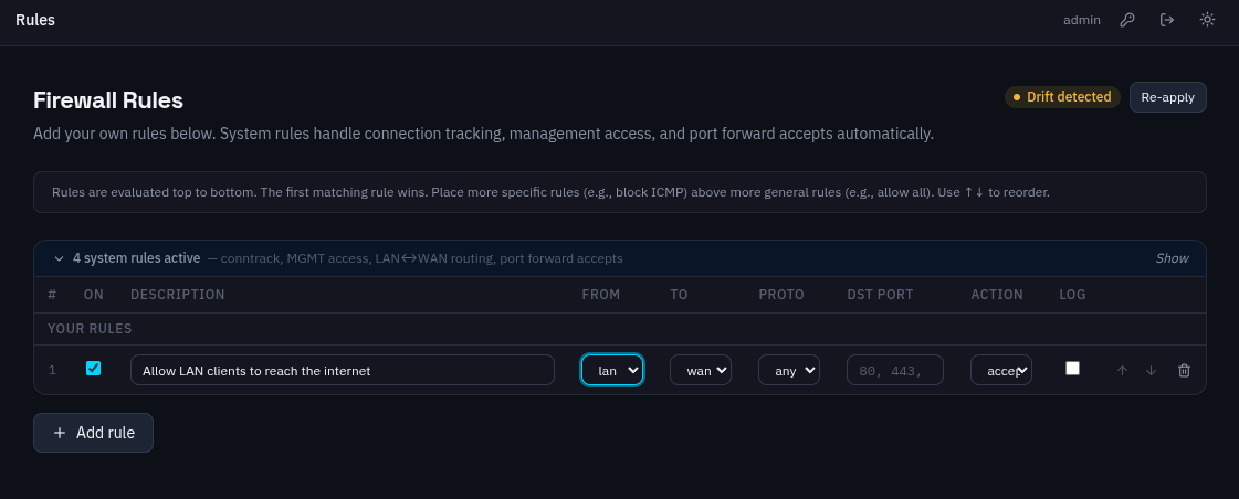 The Shapnet OS firewall page, showing rules organised by zone.